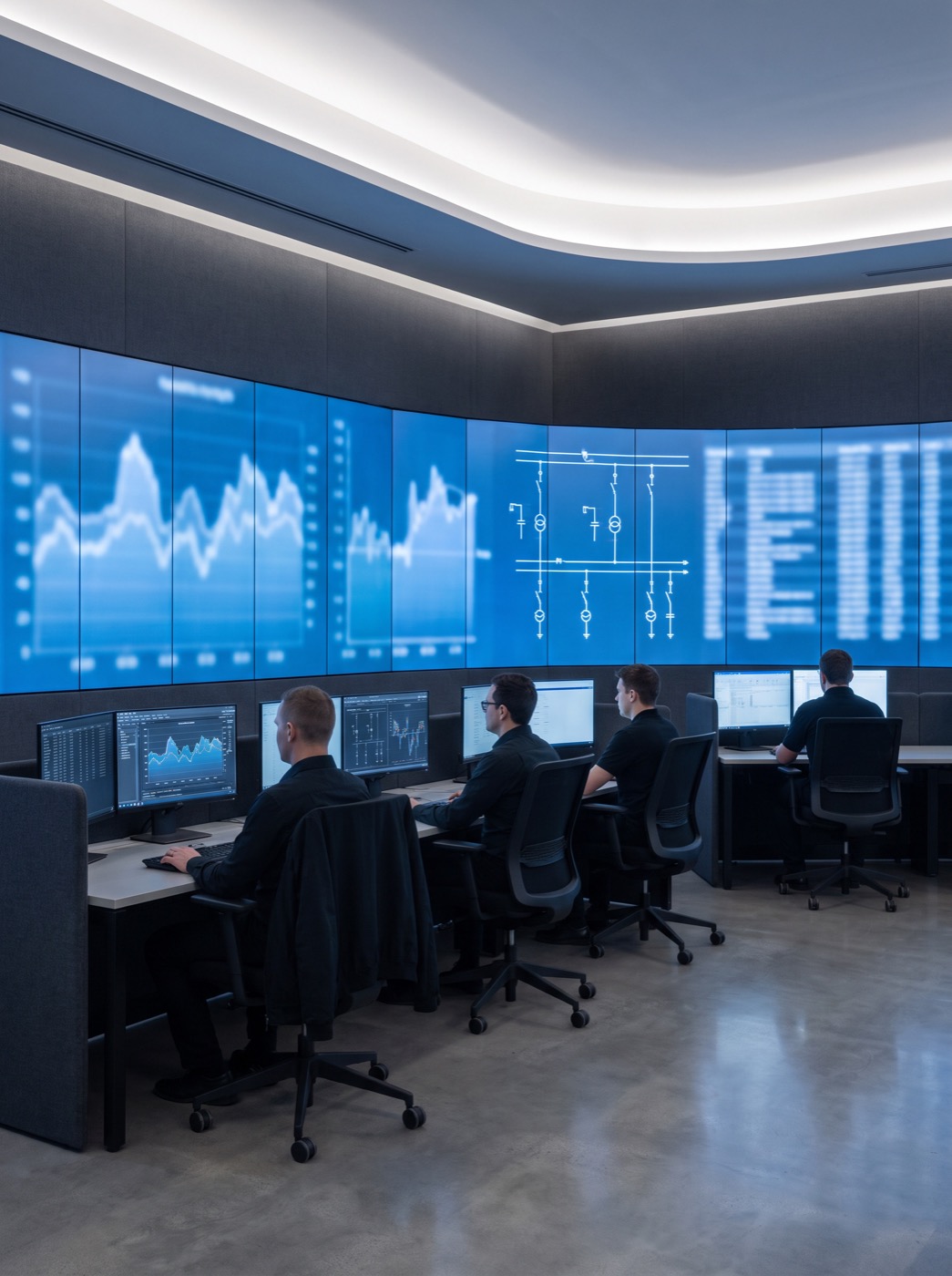 Operators monitoring grid dispatch screens in a control room
