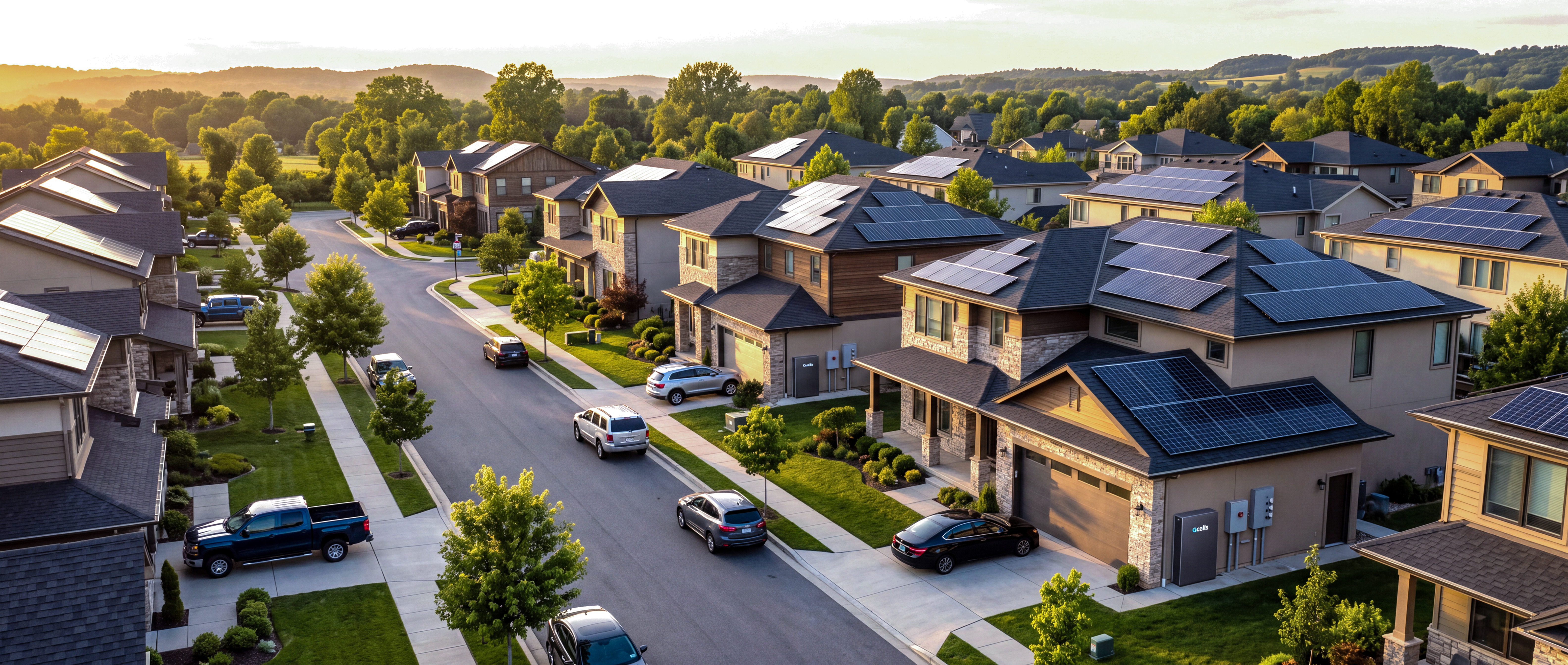 Aerial view of a residential neighborhood with rooftop solar at golden hour