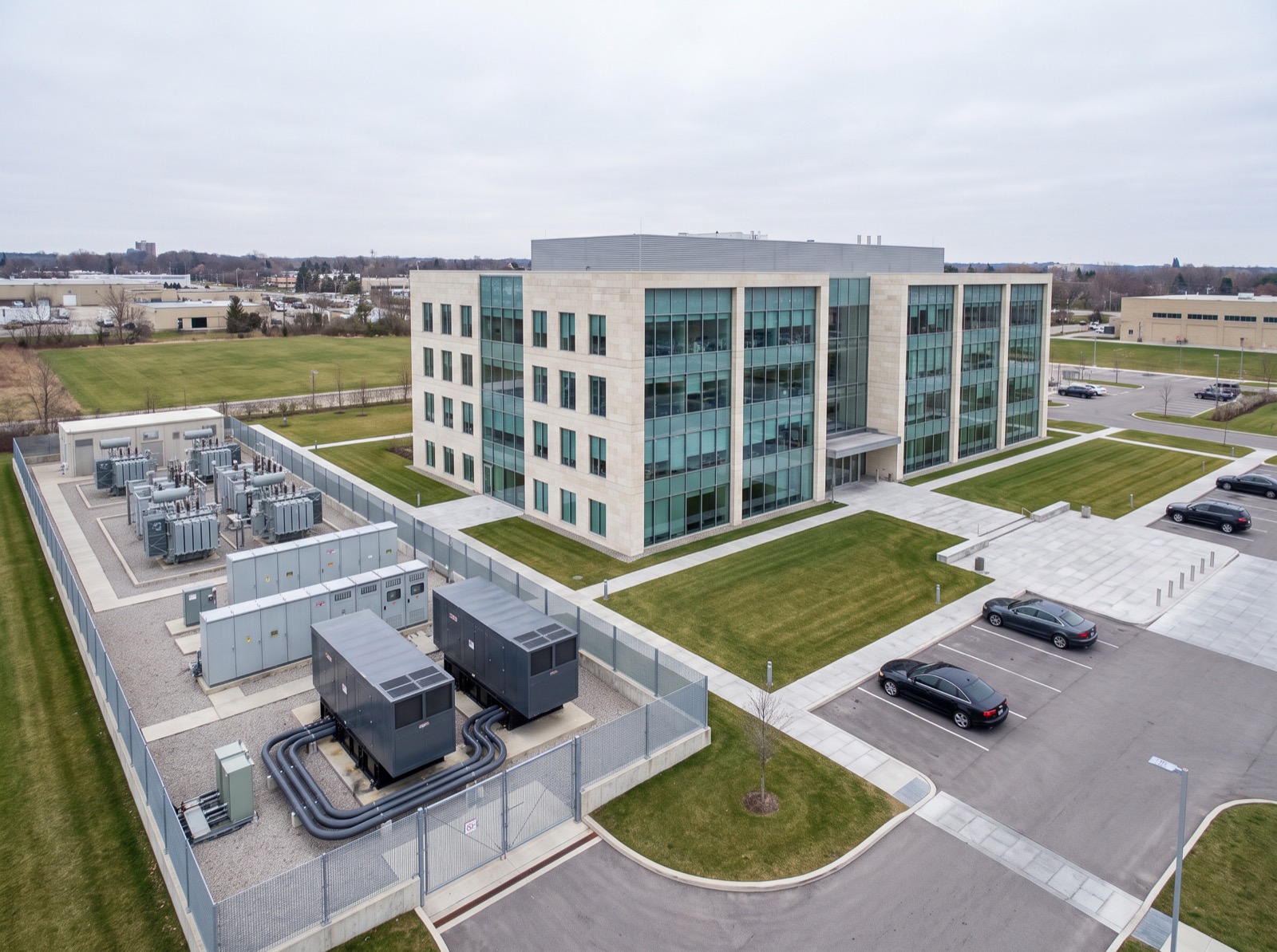 An enterprise office building with on-site transformers and backup generation